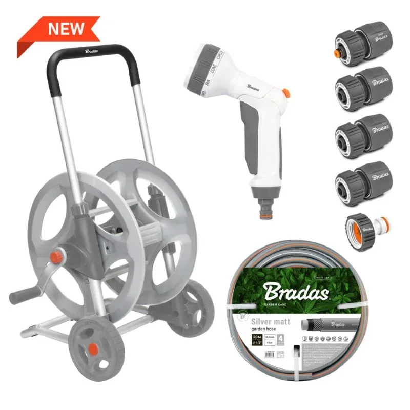 Металевий візок зі шлангом 1/2" 20м та аксесуарами,
комплект для поливу, SILVER PRO SET, WHITE LINE, WL-AG33320SET1 от Bradas - купить в интернет-магазине