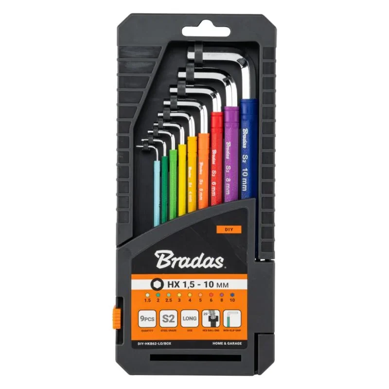 Набір шестигранних ключів з кулястим наконечником
HX 1,5- 10 мм 9 шт. різнокольорові / довгі, DIY-HKB62-LO/BOX от Bradas - купить в интернет-магазине