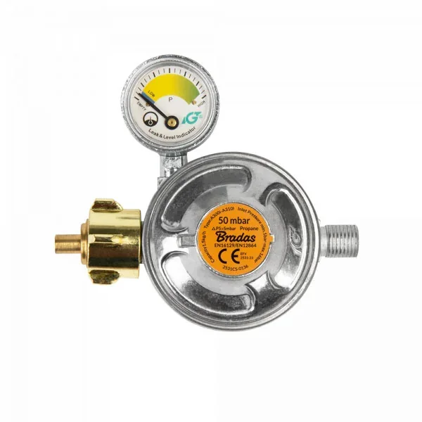 Редуктор газу 50 mbar, 1,5 кг/год., з запобіжним
клапаном і манометром, РЗ 1/4" L, RG A310IE-002-M от Bradas - купить в интернет-магазине