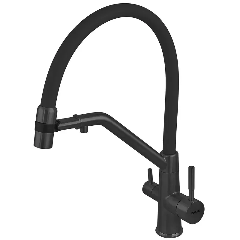 Змішувач для кухні із силіконовим виливом Zerix MAG-021 Black Refl.Black з неірж. сталі SUS304 з виходом для виховань (ZX6006) от Zerix - купить в интернет-магазине