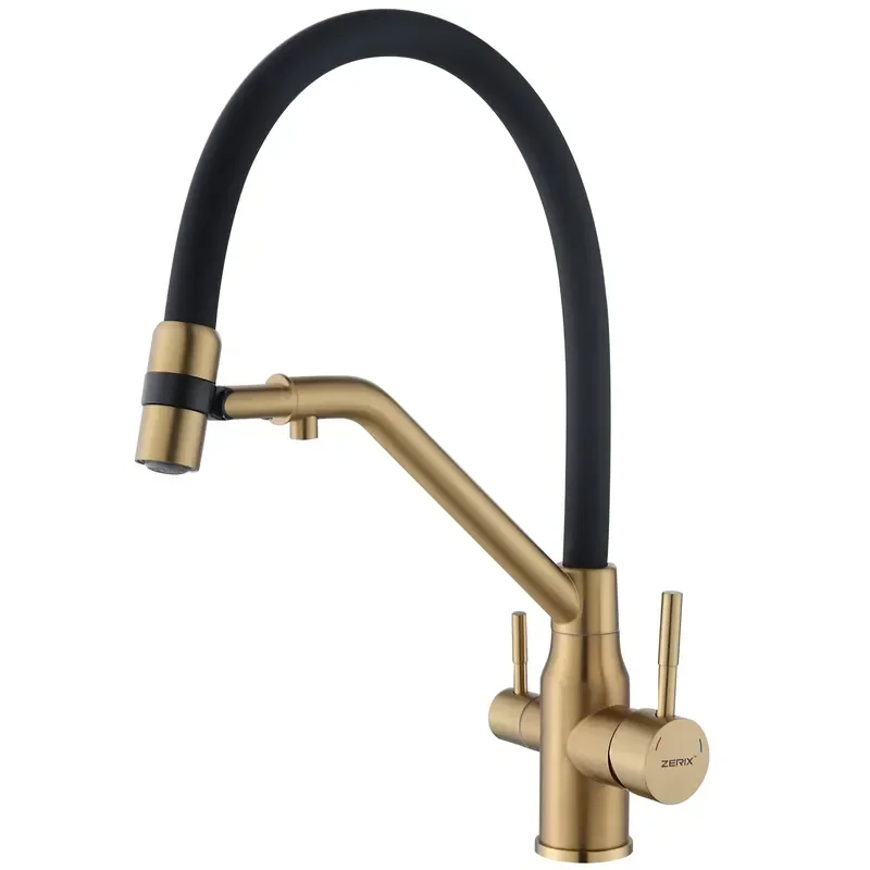 Змішувач для кухні із силіконовим виливом Zerix MAG-021 Brushed Gold Refl.Black з неірж. сталі SUS304 з виходом для виховань. от Zerix - купить в интернет-магазине