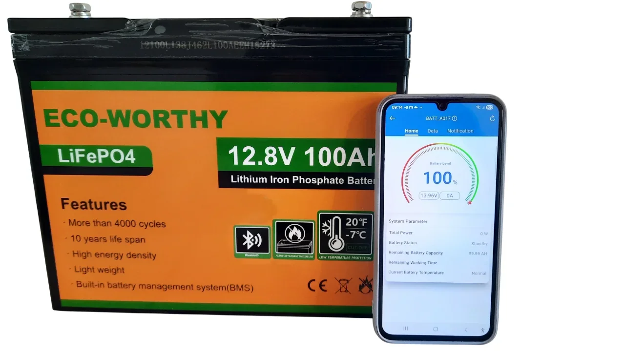 Акумулятор ECO-WORTHY літій-залізо-фосфатний 12V 100Ah LiFePO4 12,8 В 100 Ач з Bluetooth