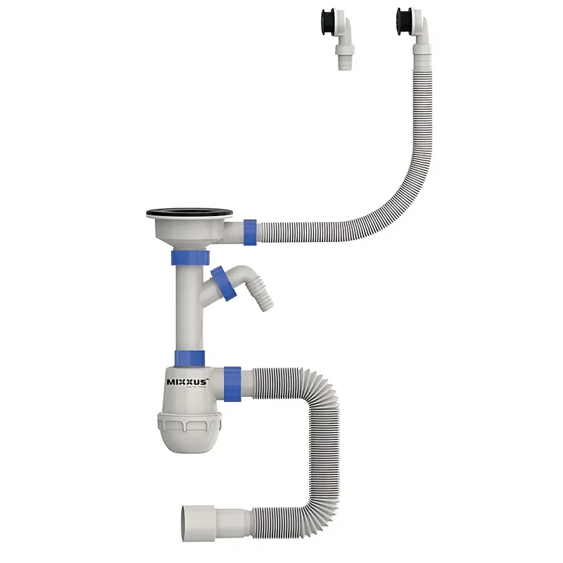 Сифон для кухни MIXXUS SK-06-BL 3 1/2"x40 с пластиковой черной сеткой, отводом для стиральной машины, гибким круглым переливом - фото 2