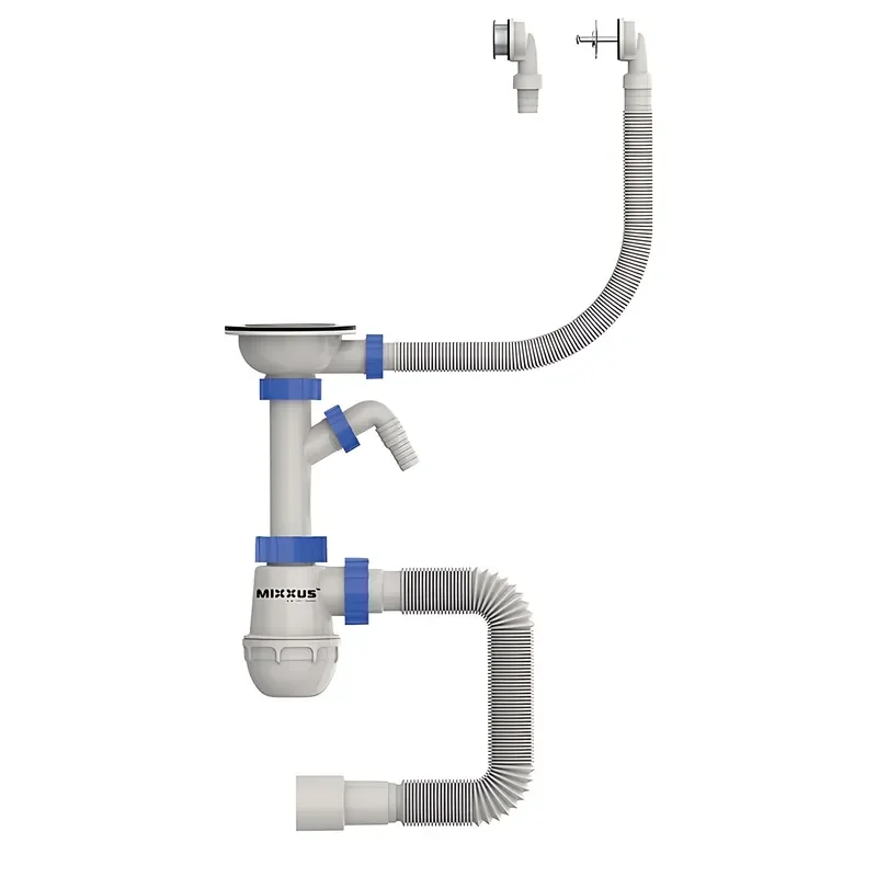 Сифон для кухни MIXXUS SK-07-B 3 1/2"x40 с нержавеющей сеткой, отводом для стиральной машины, гибким круглым переливом (MI8199) - фото 2