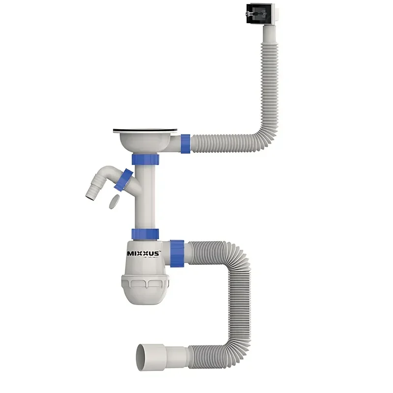 Сифон для кухни MIXXUS SK-02-B 3 1/2"x40 с нержавеющей сеткой, отводом для стиральной машины, гибким прямоугольным переливом