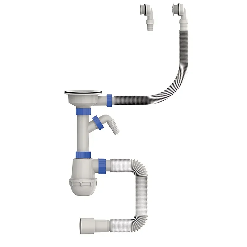 Сифон для кухни MIXXUS SK-06-WH 3 1/2"x40 с пластиковой белой сеткой, отводом для стиральной машины, гибким круглым переливом